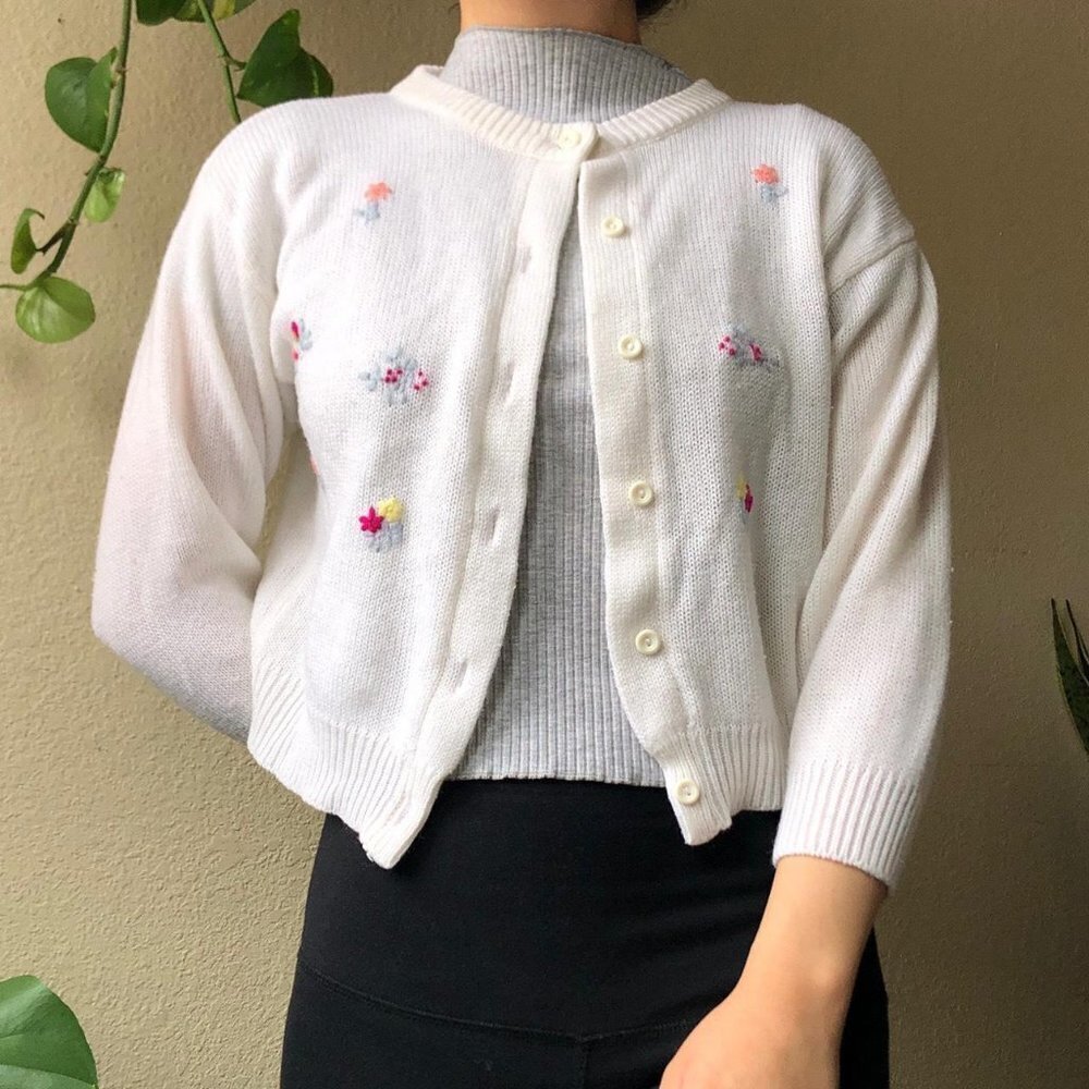 Ivory Floral Embroidered Button-Up Cardigan Sweater